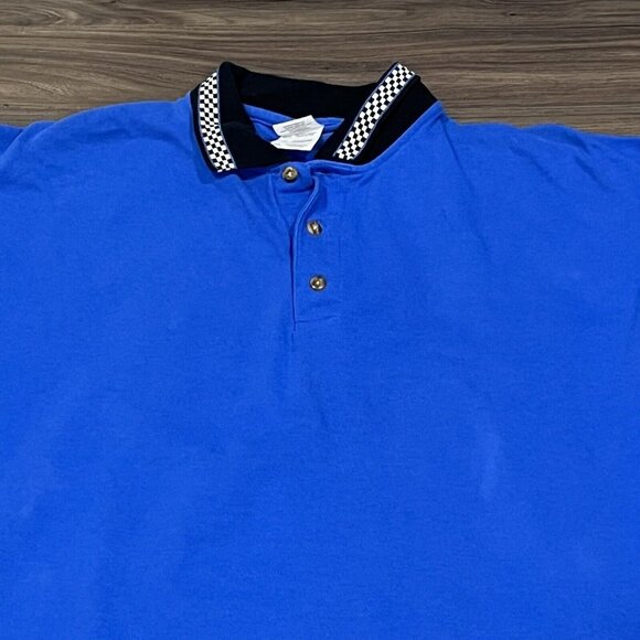Vintage Gildan Blue Polo Shirt Black White Checkerboard Trim Size 2XL - Picture 14 of 16